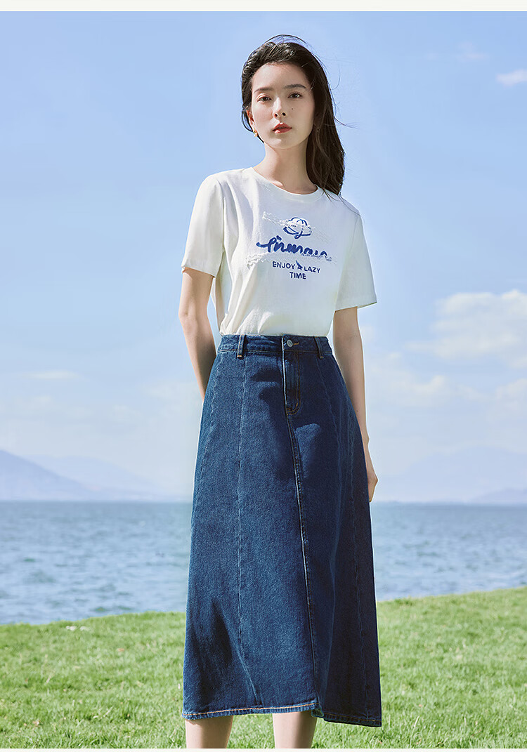 Inman French Style Denim Half Skirt for Women Summer Retro Mid-High Waist Premium A-Line Skirt Light Denim L 12