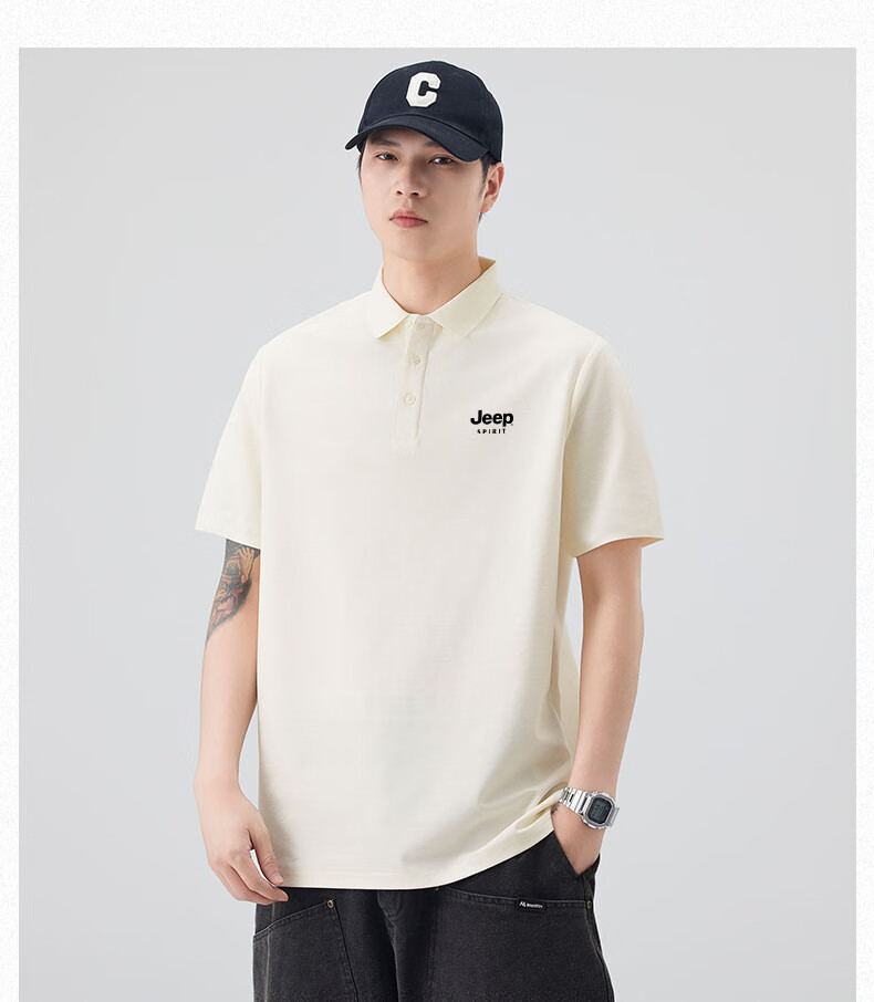 JEEP Men's Summer Lightweight Heavy Cotton Feel Breathable Polo Shirt Business Cool Collar Top Beige M 16