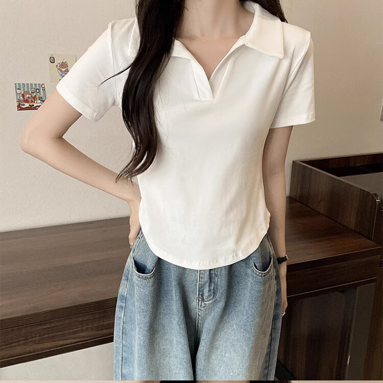 Langsha Women's Short Sleeve V-Neck T-Shirt Summer Fashion Versatile High-End Black Slim Fit Crop Top 14