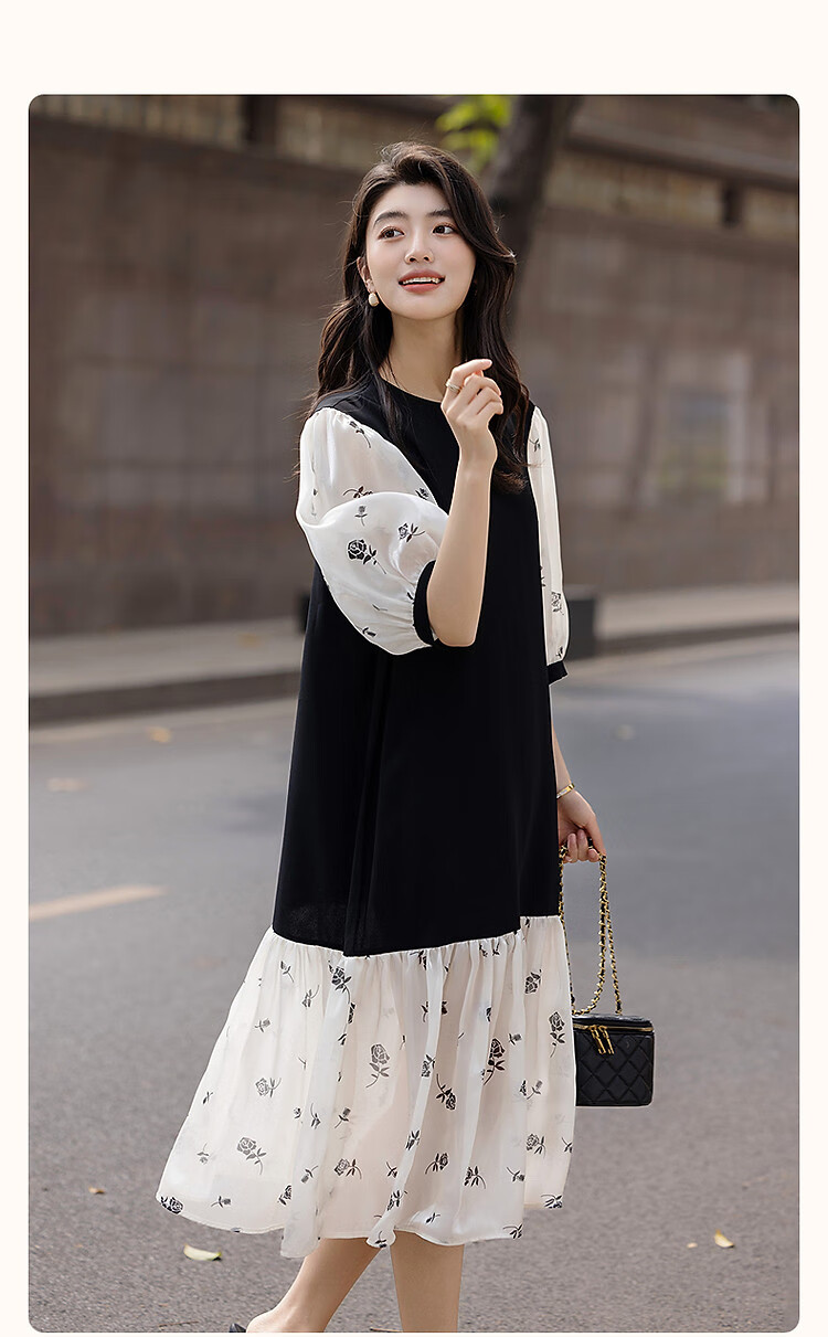 Demana [Smooth 80D Slub] Summer Elegant Loose Waist Ruffle Hem Printed Colorblock Women's Dress 3