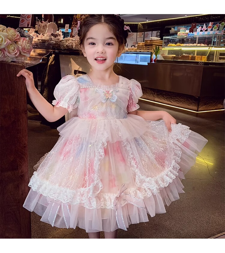 Anneyol Girls' Princess Dress Summer Outfit Stylish Children's Lolita Tulle Dress with Puff Sleeves, Pink, Size 160 23