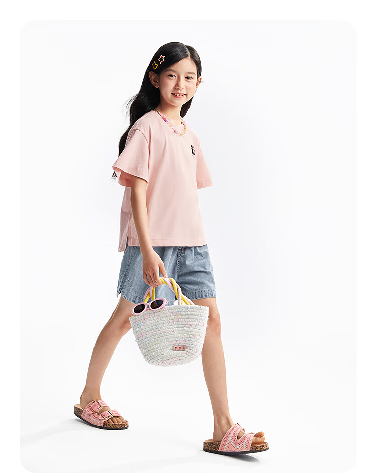 Annil Girls' Round Neck Short-Sleeve T-Shirt, 2025 Summer New Style, Pure Cotton, Casual, Moisture-Wicking, Breathable, Loose-Fitting, Fashionable 11