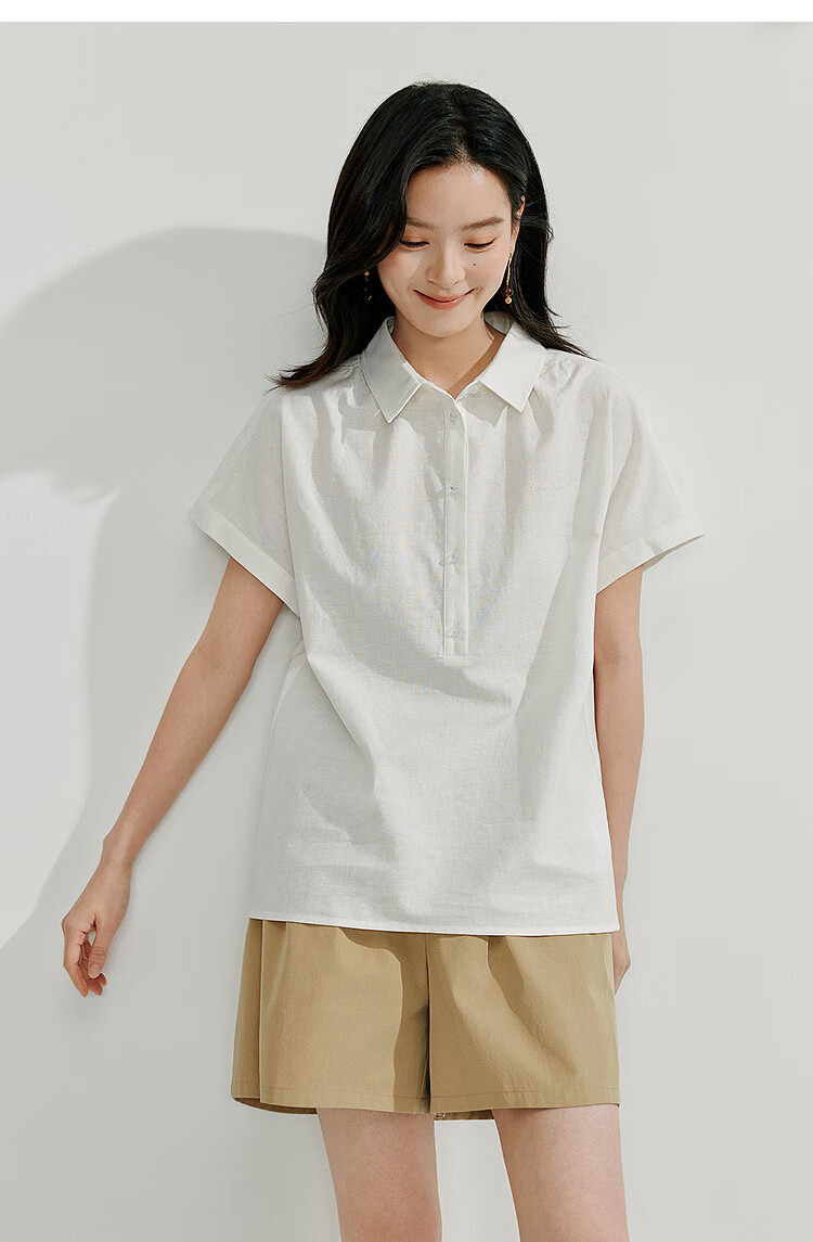 INMAN Linen Simple Commuter Shirt, Summer Women's Wear, Versatile French Style Loose Slimming Short-Sleeve Blouse, Pearl White, S 10