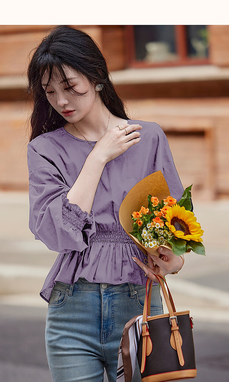 Dme [Will Breathe Cotton] Spring And Autumn French-Style Relaxed Round Neck Smock Waist-Cinching Drop Shoulder Slimming Shirt Women's Top 28