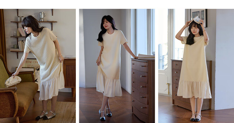 MT Oil Painting Gardenia Spring Gentle Wrinkle Texture Satin Patchwork Slimming Short Sleeve Mid-Length Dress for Women 3