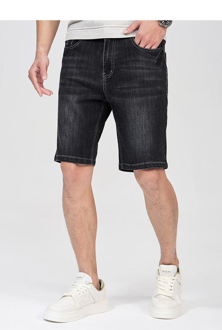 DANCING WOLVES [Mulberry Silk] Summer Vintage Washed Stretch Breathable Men's Denim Shorts, 014 Black Blue, Size 32 9