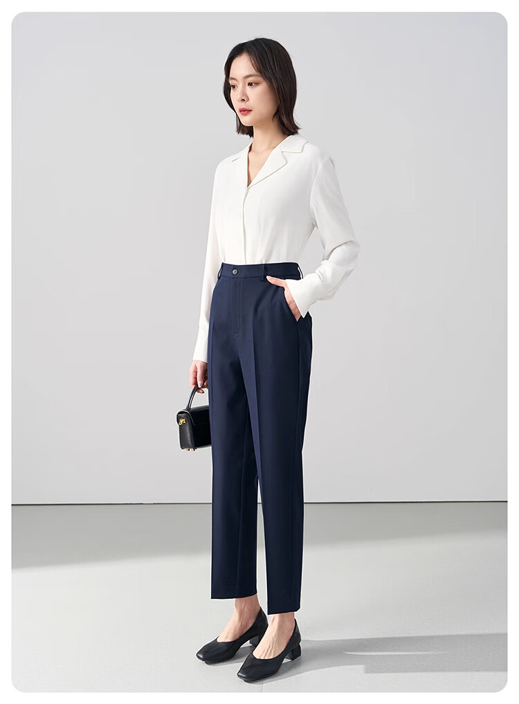 Bodexiaojie Navy Blue Suit Pants for Women, Professional Formal Wear, Interview Straight-Leg Trousers, Petite Cigarette Pants 22