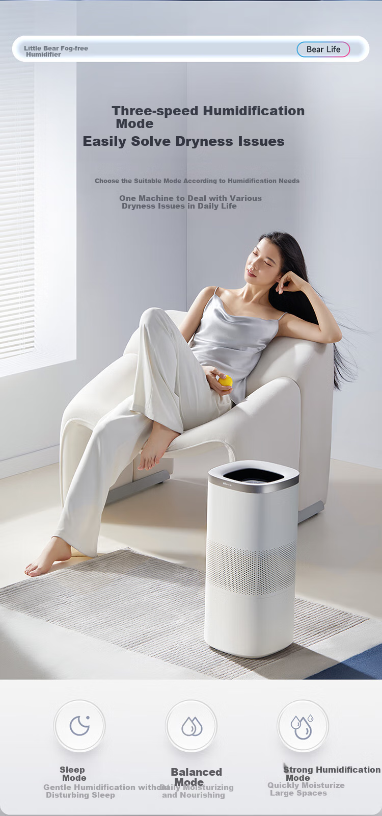 Bear Mist-Free Air Humidifier 960mL/h Large Capacity Humidifier for Home Living Room, Specialized for Mothers And Babies, Antibacterial, Rhinitis Relief, Air Conditioning Room, Cold Evaporation Moisturizing JSQ-J80K1 10