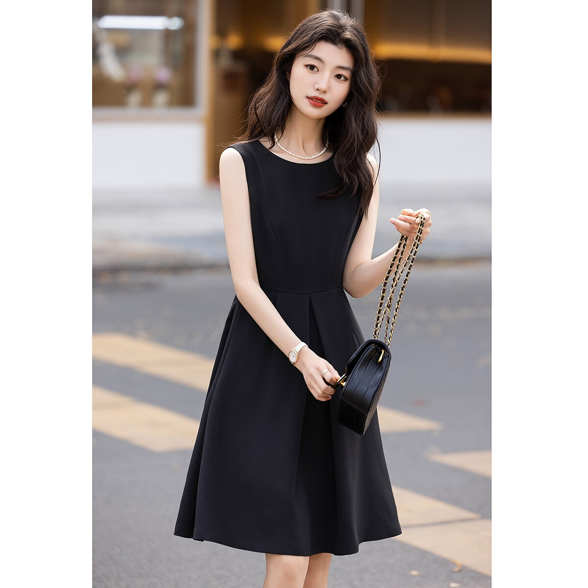 Dme [Commuter Style] Summer Textured Linen Round Neck Waist-Cinching A-Line Pleated Women's Dress