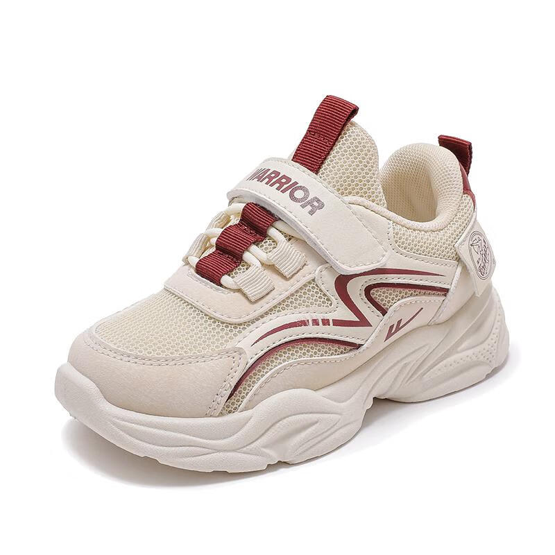 Warrior Girls' Shoes, Soft Sole Casual Shoes, Spring And Autumn Style, White Children's Sneakers WZ(CL)-0959, Beige/Red Wine Color, Size 30