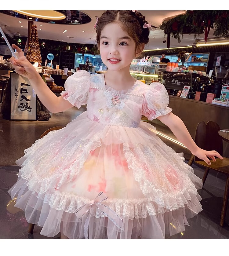 Anneyol Girls' Princess Dress Summer Outfit Stylish Children's Lolita Tulle Dress with Puff Sleeves, Pink, Size 160 10