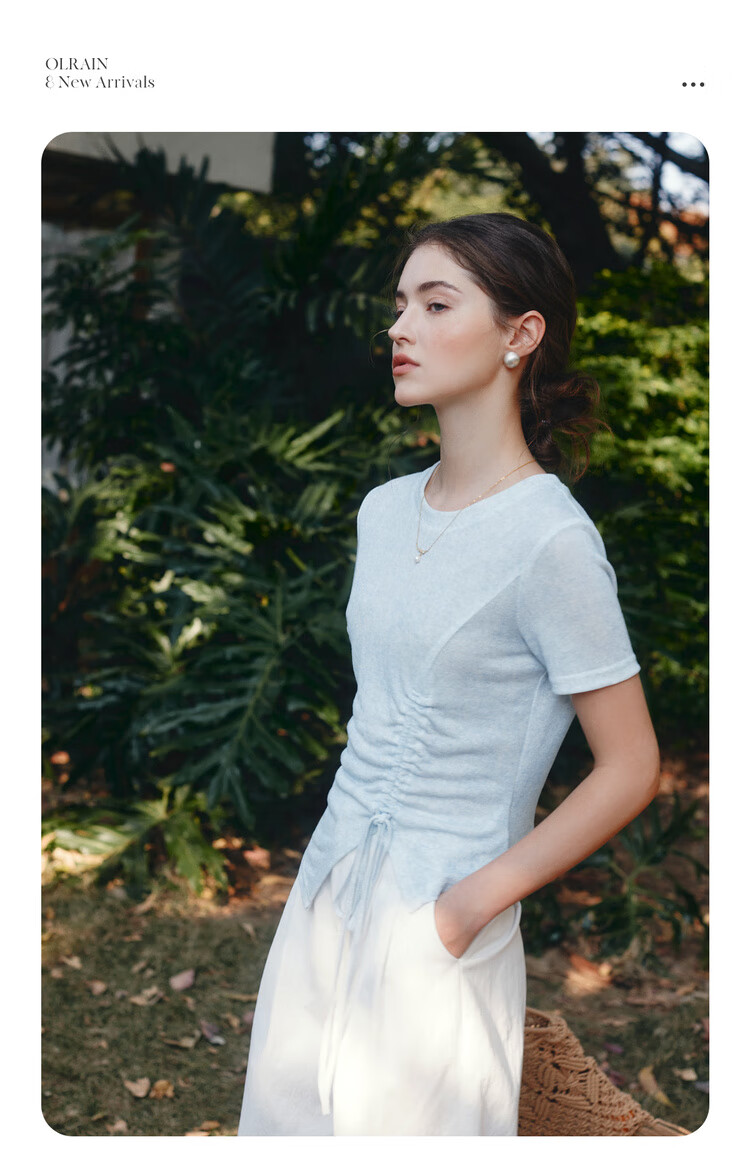 Olrain Oureier Solid Color Irregular Ruched Simple T-Shirt Summer New Waist Ruched Design Top Blue S 3