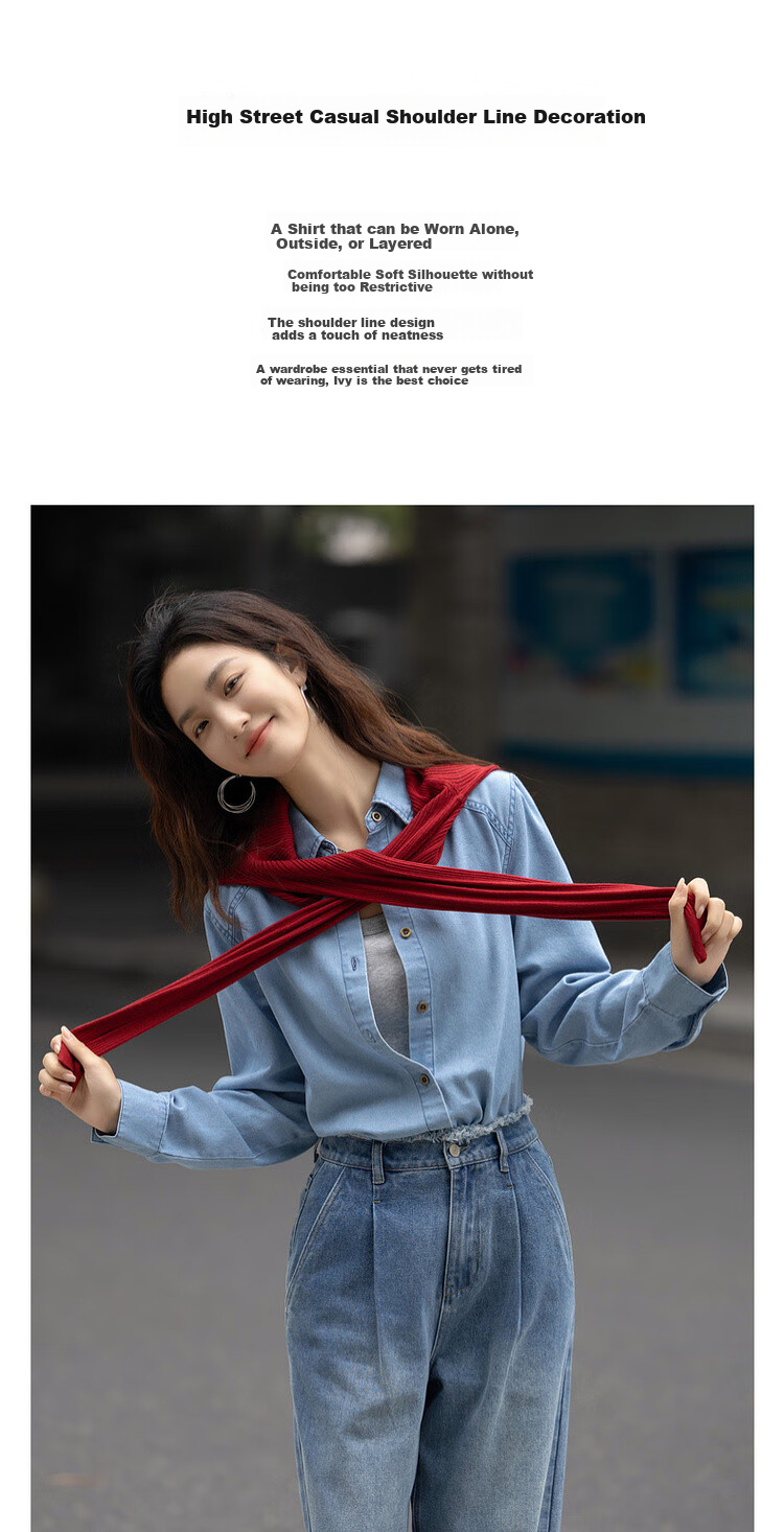 Dme [Zhinai Daning] Spring Simple Lapel Patchwork Shirt, Comfortable Concealing, Stylish Denim Blouse, Women's Top 2