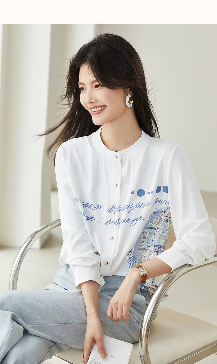 Dme [Romantic Paris] Spring And Autumn Round Neck Chiffon Blouse, Long Sleeve Printed Shirt, Women's Top 12