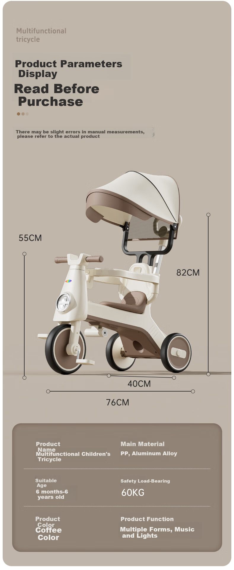 ANGI BABY Kids Tricycle Baby Pedal Bike Multifunctional Lightweight Foldable Stroller 13