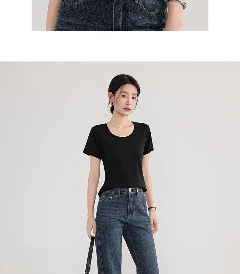 Woodpecker Solid Color Short Sleeve Women's T-Shirt 2025 Summer New Round Neck Regular Shoulder Fashion Casual Versatile Top Black M 9