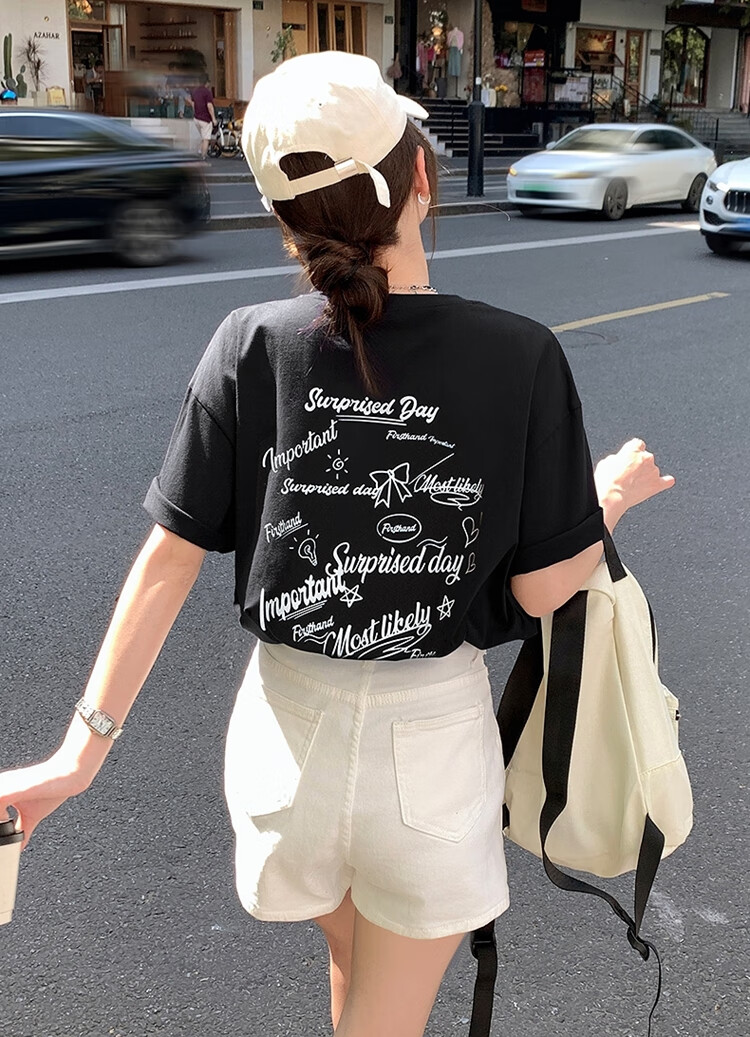 TonLion 2025 Summer Women's Back Text Print Short-Sleeve T-Shirt, Black, M 1