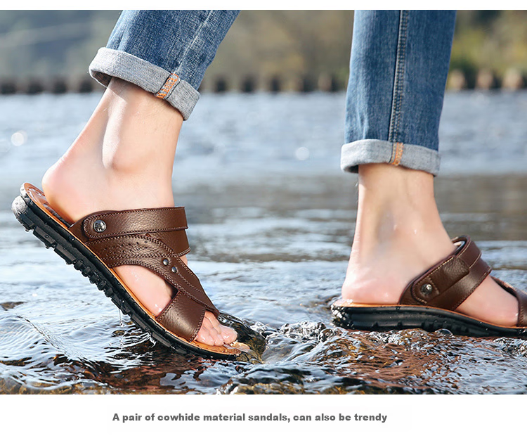 EGCHI Men's Sandals, Outdoor Slippers, Top-Grain Leather, Breathable Beach Shoes, 12129 Brown, Size 39 20