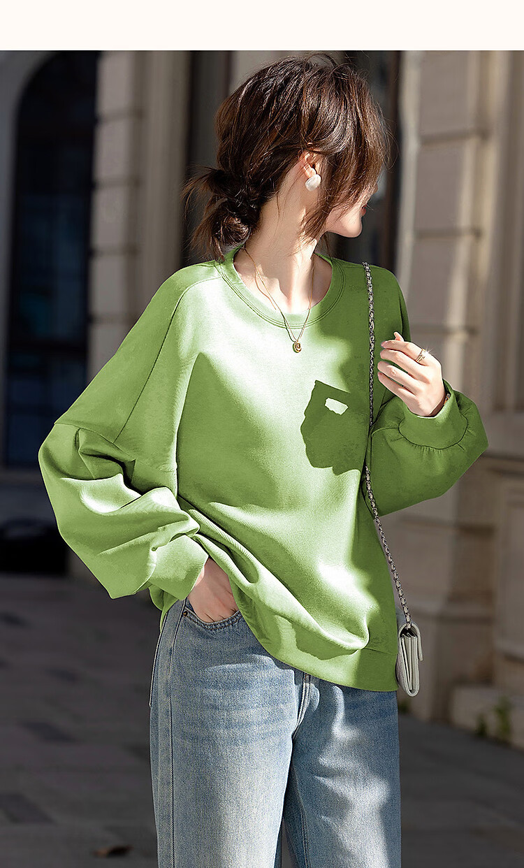 Dme 350G Air Layer Spring Simple Round Neck Lantern Sleeve Loose Fit Sweatshirt for Women 11
