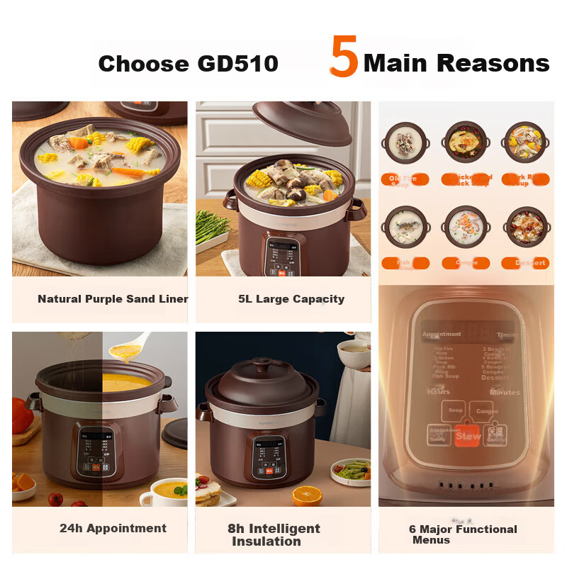 Joyoung Home Electric Stew Pot, 5L Large Capacity, Purple Clay Inner Pot, Timer And Reservation Function, Electric Stew Pot DG50Z-GD510