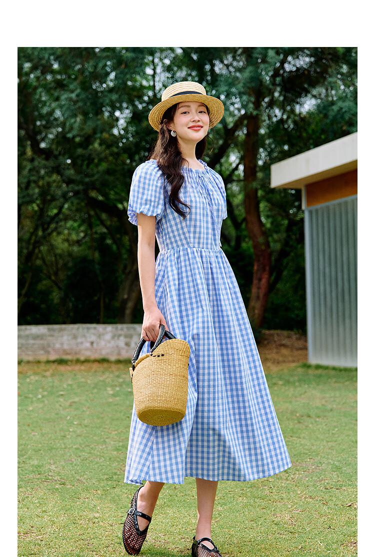 INMAN French Plaid Dress Summer Women's Versatile Puff Sleeve A-Line Skirt Navy Blue S 24