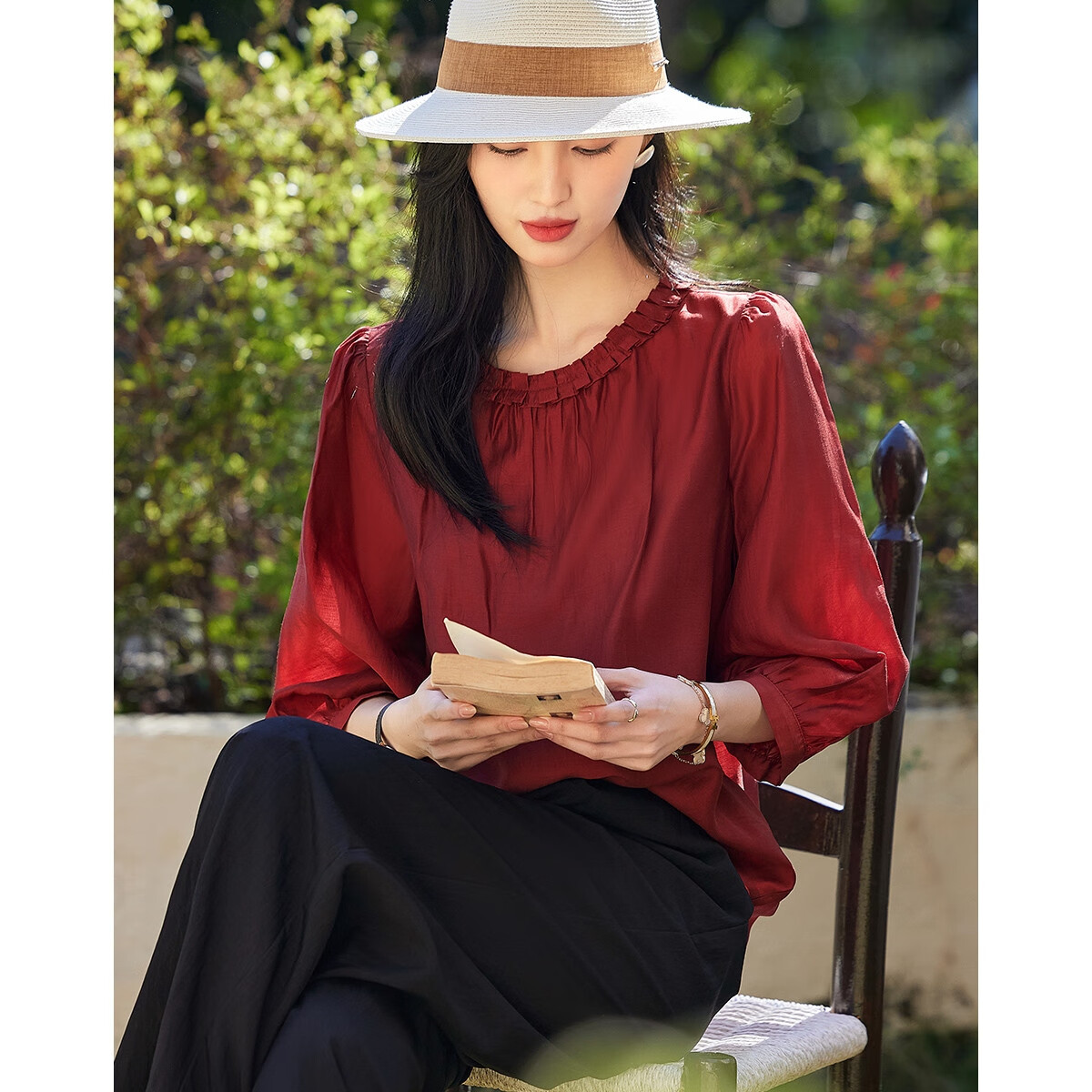 Dme [Lyocell Selection] Summer Pleated Round Neck Water Drop Button Blouse, Puff Three-Quarter Sleeve Shirt, Women's Top