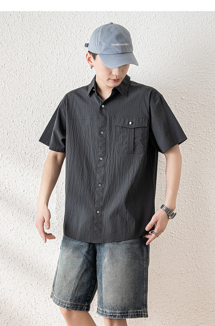 TonLion 2025 Summer Men's Lapel Front Chest Single Pocket Split Short-Sleeve Shirt 2