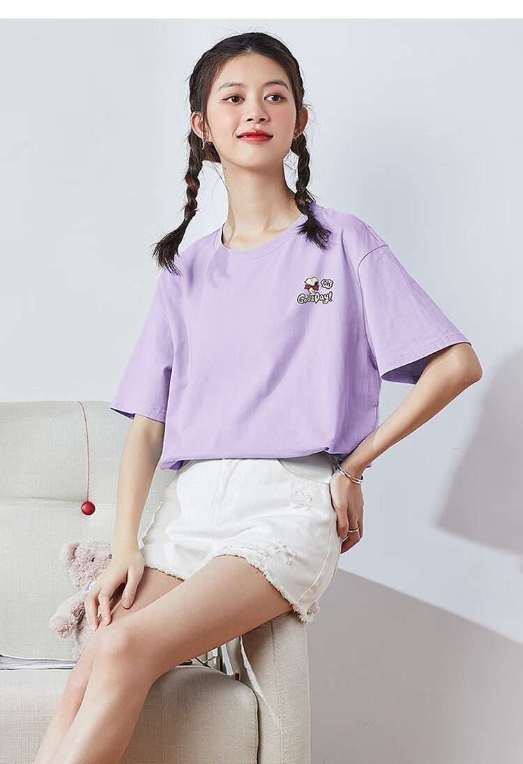 TonLion 2025 Summer Women's New Round Neck Short Sleeve T-Shirt Versatile [Snoopy Collaboration] S Light Purple 15