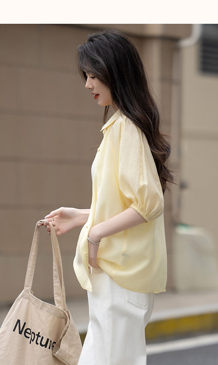 Demana [Su Jian Aesthetics] Summer Acetate Polyester Shirt with Panel Stitching and Elastic Lantern Sleeves Women's Top 17
