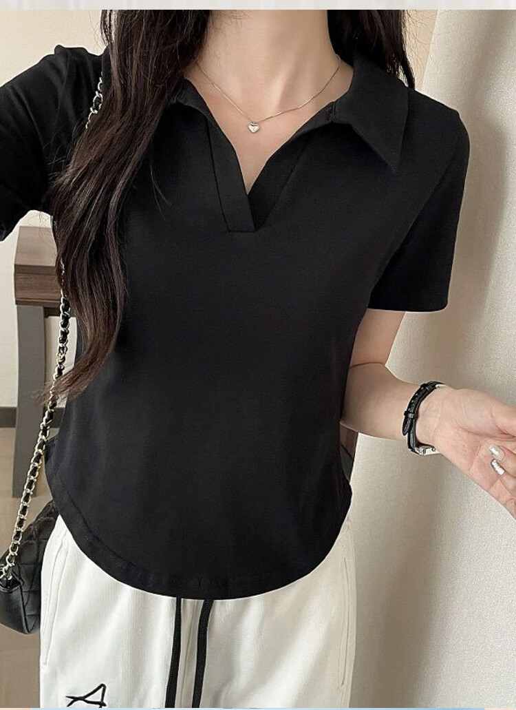 Langsha Women's Short Sleeve V-Neck T-Shirt Summer Fashion Versatile High-End Black Slim Fit Crop Top 7