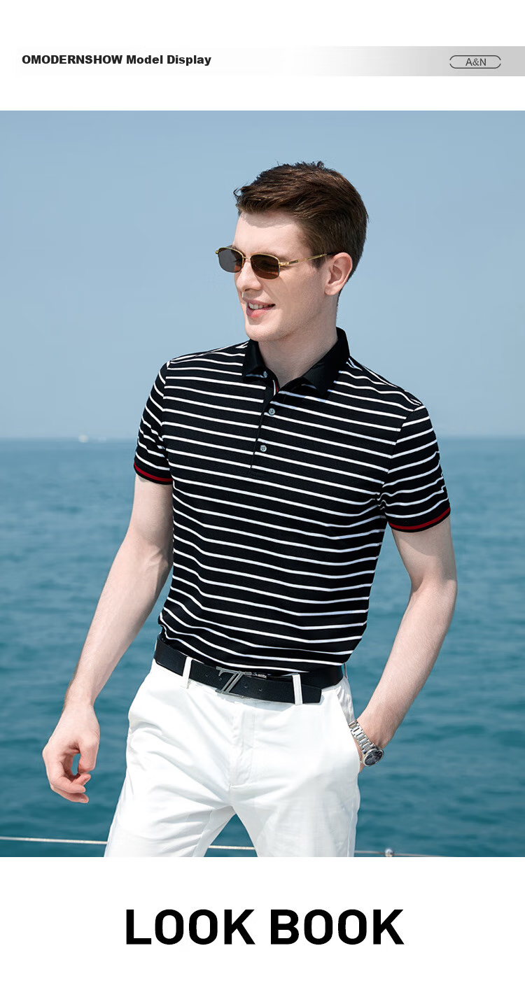 Andongniao [11.4% Mulberry Silk + 88.6% Cotton] Men's High-End Short-Sleeve Polo Shirt, Summer Contrasting Striped Short-Sleeve T-Shirt 5