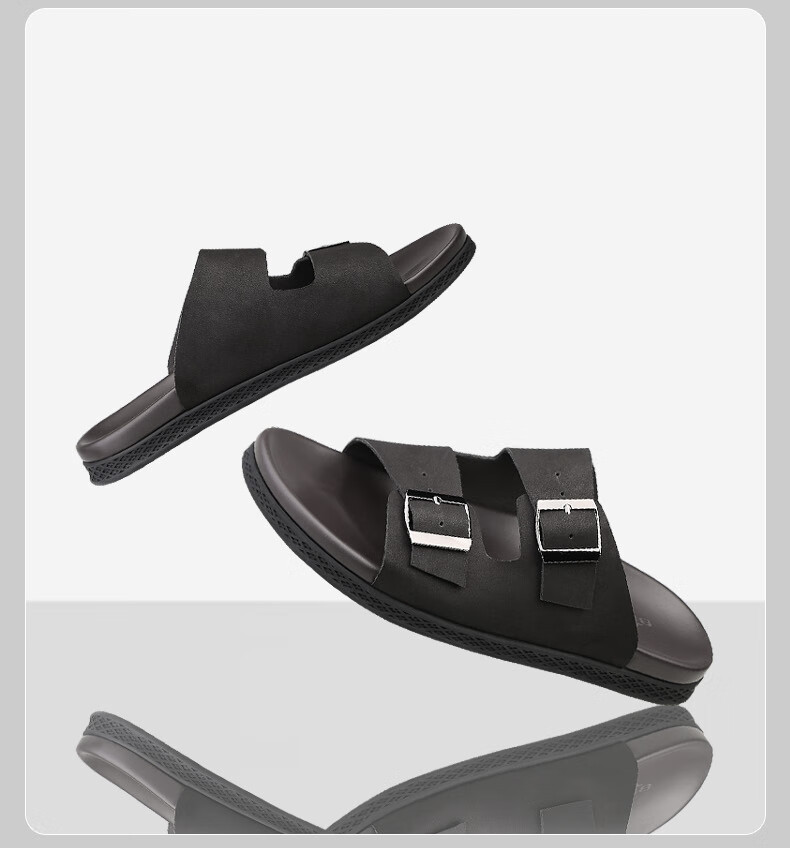 Ram Men's Genuine Leather High-End Slide Sandals Durable Non-Slip First Layer Cowhide Summer Beach Shoes Black Size 39 8