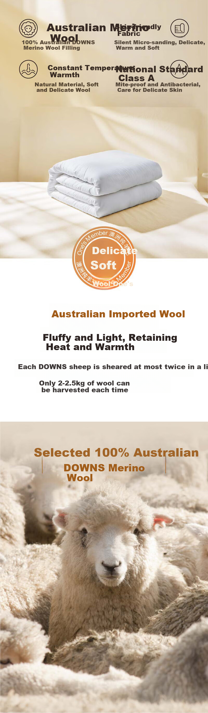 One's Member, 100% Australian Imported Pure Wool Comforter, Class A Cashmere, Antibacterial Spring Autumn All-Season Duvet Insert, 200*230cm 3