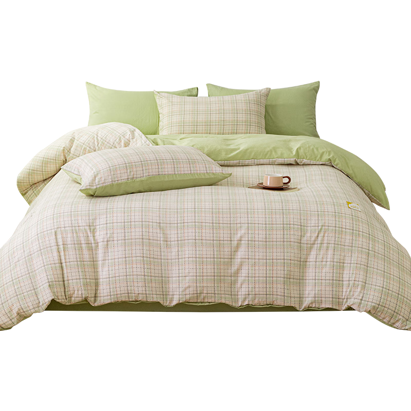 Hengyuanxiang Four-Piece Set, Washed Cotton A-Class Antibacterial Double-Sided Brushed Bedding Set, Bed Linen for Double Bed, Ins Style, Light Green Plaid, 2.2x2.4m