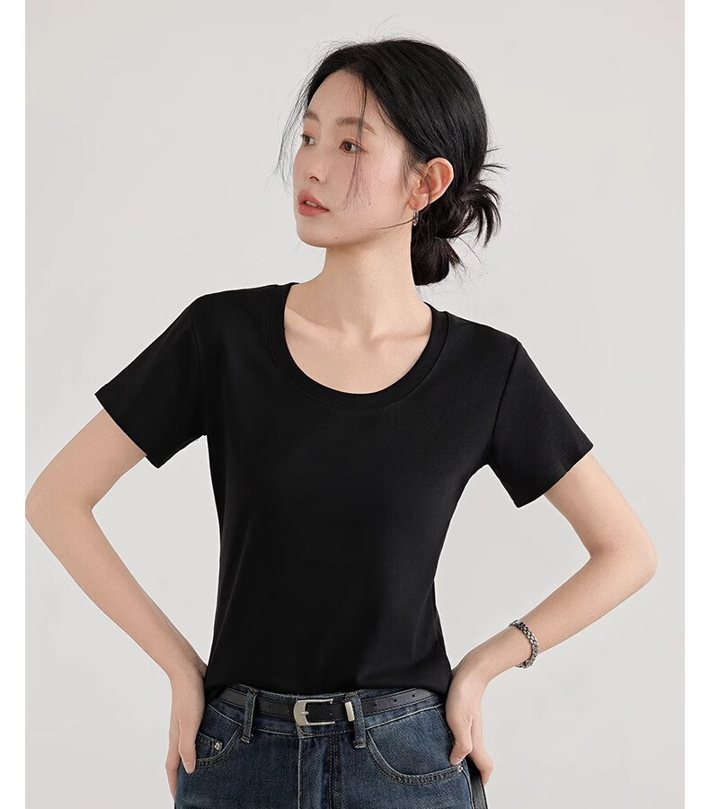 Woodpecker Solid Color Short Sleeve Women's T-Shirt 2025 Summer New Round Neck Regular Shoulder Fashion Casual Versatile Top Black M 11