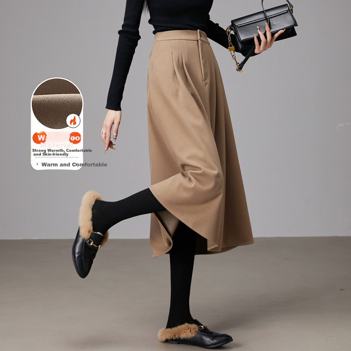 Dme [A-Line Skirt] Winter Commute Mid-High Waist Solid Color A-Line Skirt Casual Midi Skirt, Dark Khaki, L
