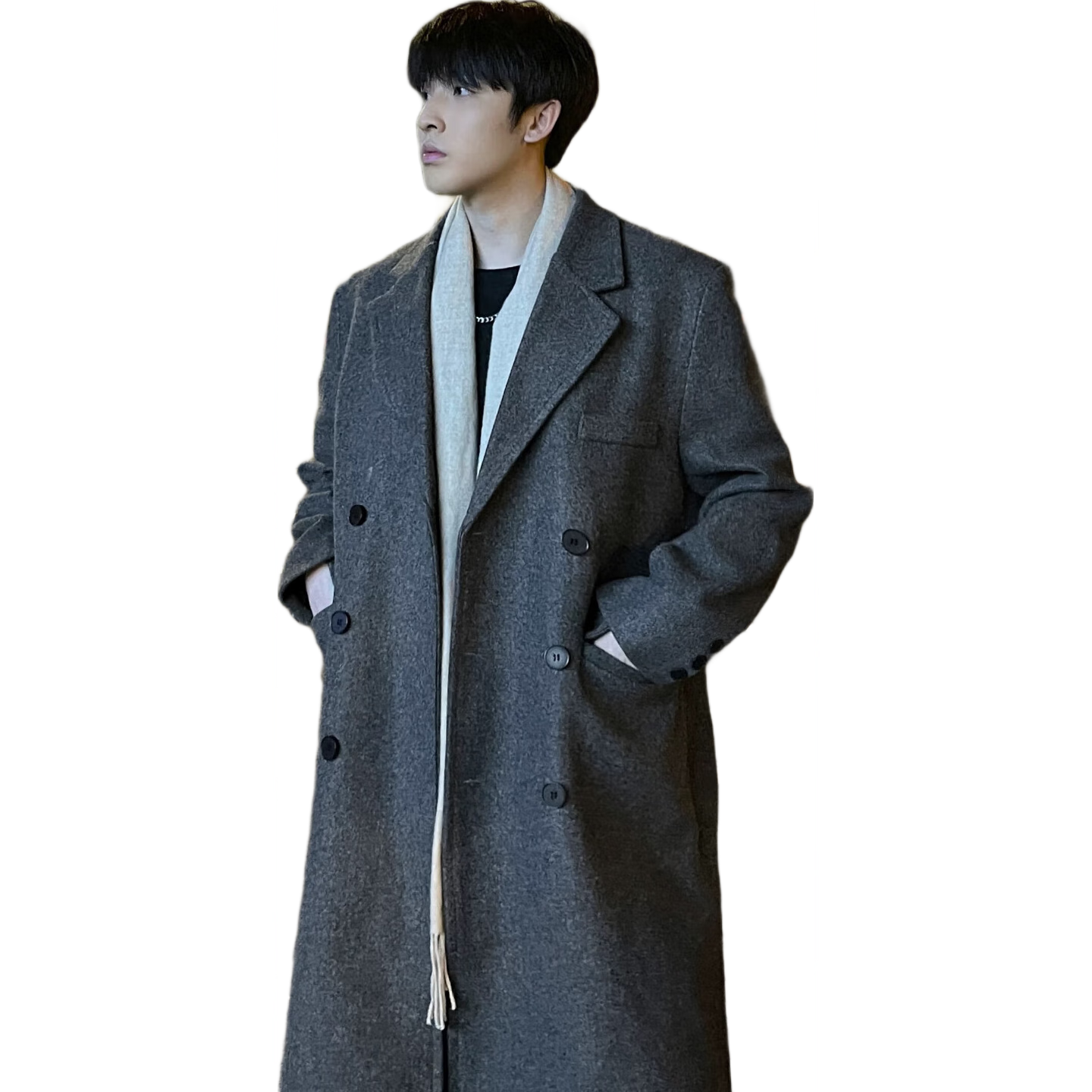 Dingfengbaoluo Men's Woolen Coat Autumn Winter Mid-Length High-End British Style Woolen Trench Coat HT99 Gray 4XL