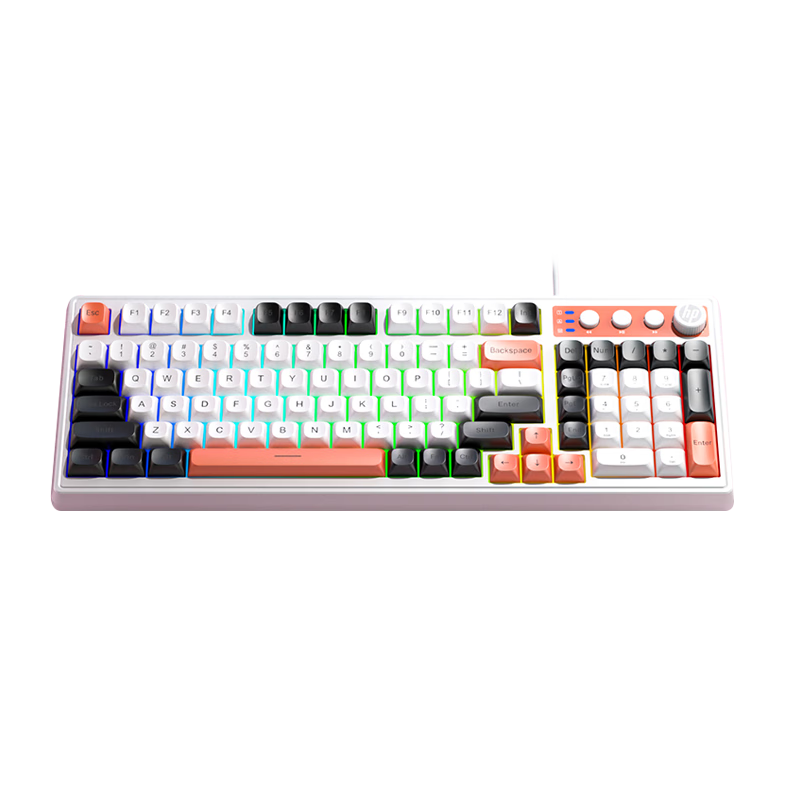 HP K110 Mechanical Feel Keyboard, Black White Orange Tri-Color, 98-Key Layout, Wired USB Gaming Laptop, 26 Keys without Backspace