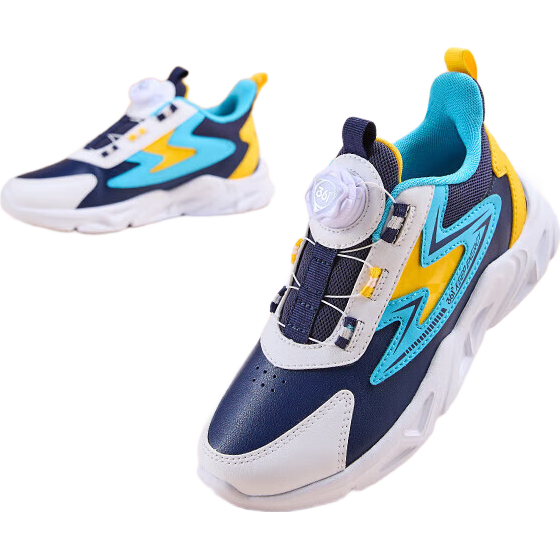 361° Children's Running Shoes, Fall/Winter 2025, for Boys And Girls Aged 3-14, Shock-Absorbing, Rotary Buckle, Leather Upper, Sports Shoes, Blue, Size 37