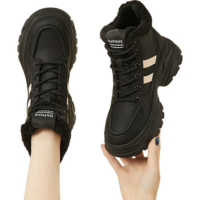 DAPHNE Women's Snow Boots Thick Sole Northeast Cotton Shoes Fleece Lined Warm Height Increasing Casual Versatile Slim High-top Dad Sneakers Black 37