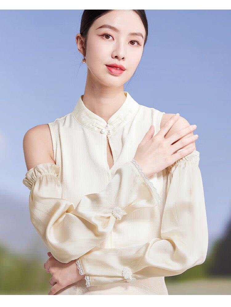 Shanghai Story Women's 100% Mulberry Silk Sun Protection Sleeves Spring Summer Chinese Style Lace Ice Sleeves UV Protection Champagne Gold 12