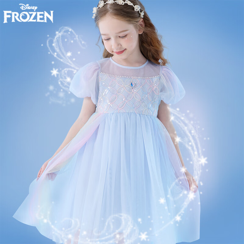 Disney Girls' Dress, Children's Summer Dress, New Elsa Princess Dress, Stylish Puffy Tulle Skirt, 84016 Blue, Size 110