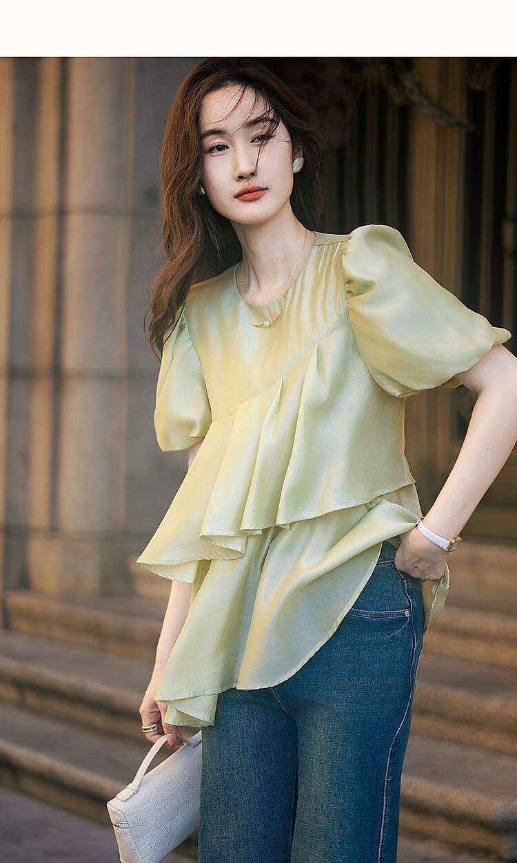 Dme [Luorimian] Summer Breathable Lyocell Tencel Shirt with Asymmetric Ruffle Collar And Puff Sleeves Top 16