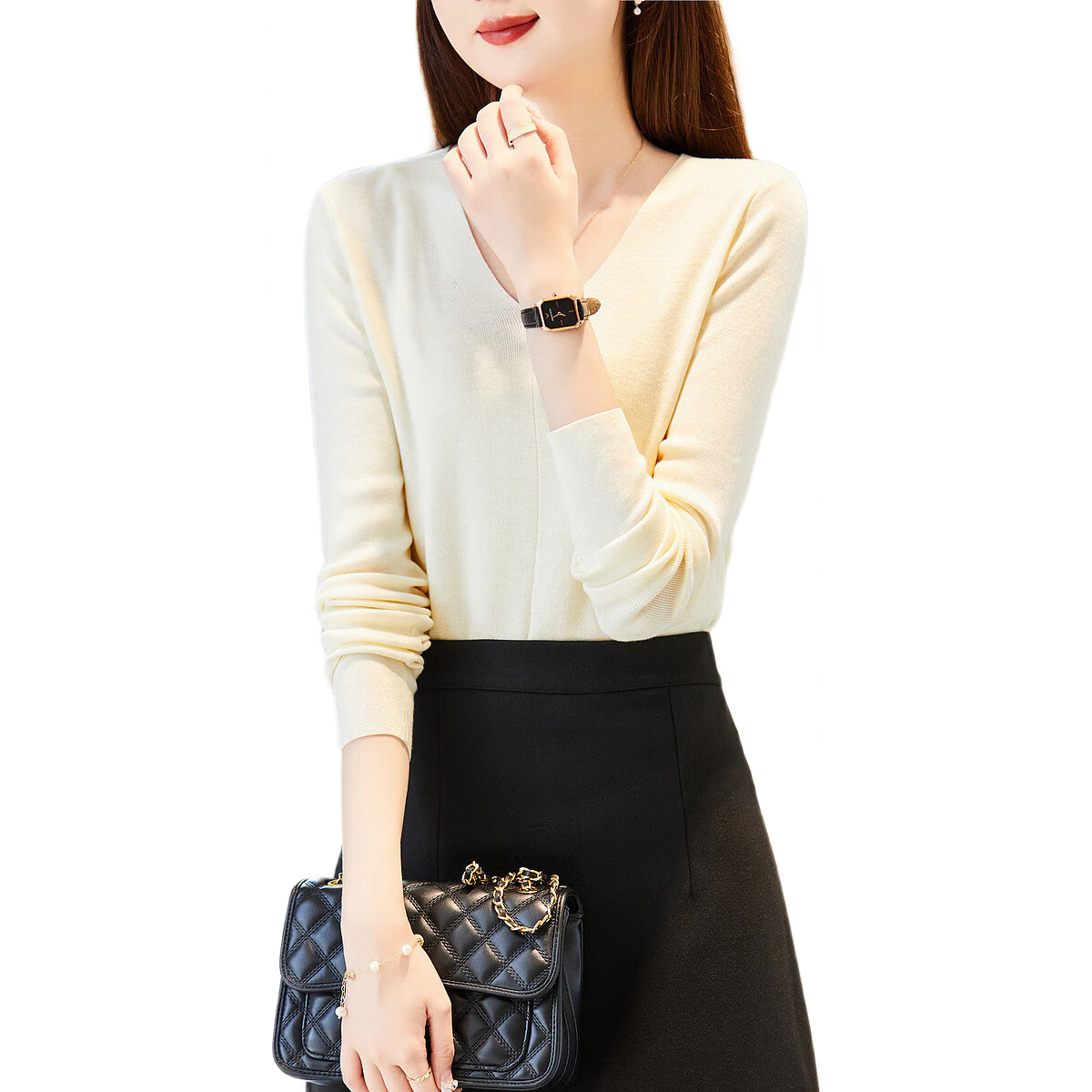 DME Capsule Wardrobe Series Spring/Autumn Paper Doll V-Neck Sweater Lazy Flesh-Hiding Loose Knit Top for Women