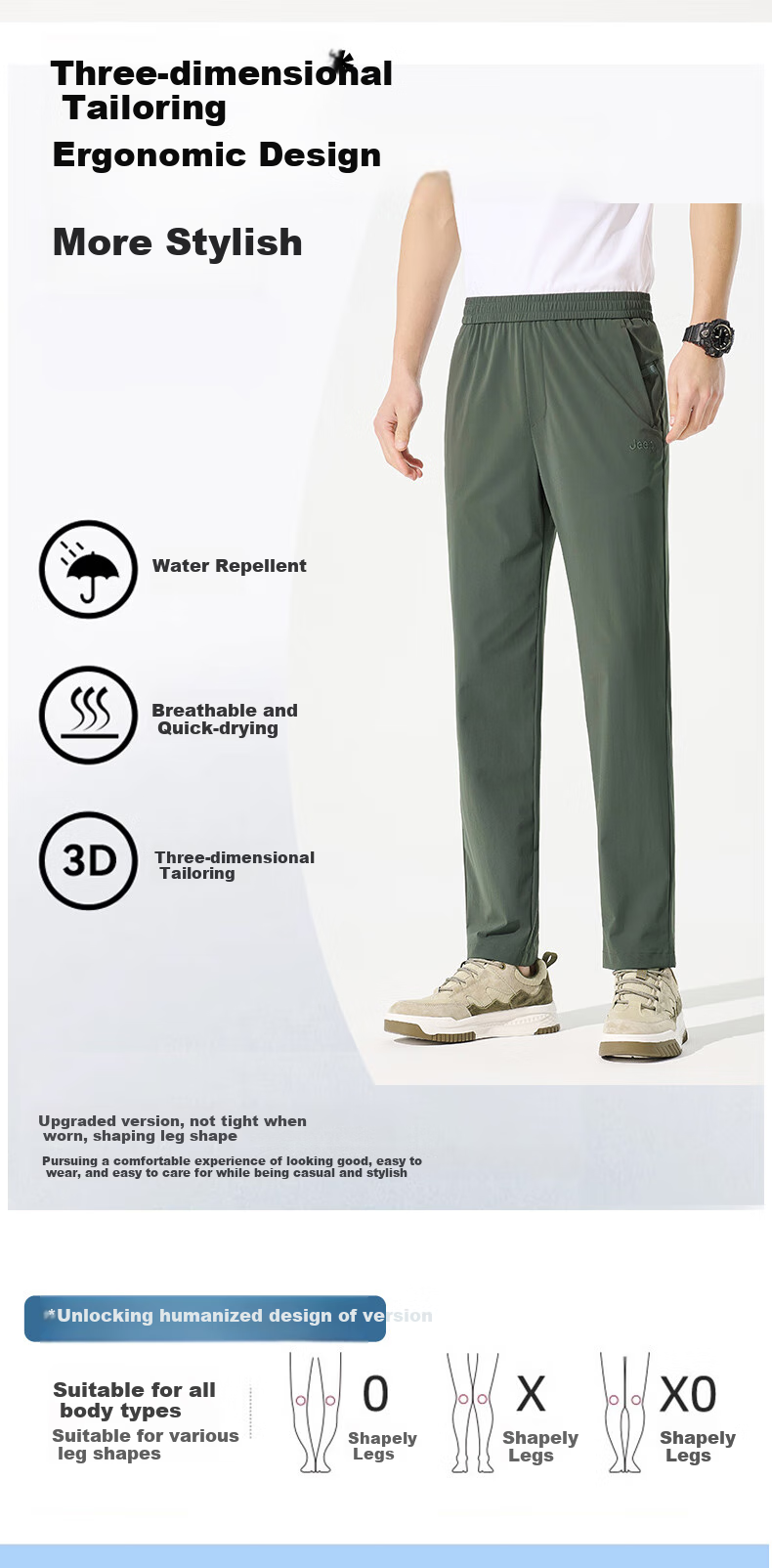 JEEP Casual Pants for Men, Business Straight-Leg Trousers, High-Elastic Breathable Ice Silk Pants, Long Pants for Men, Pure Black, M 1