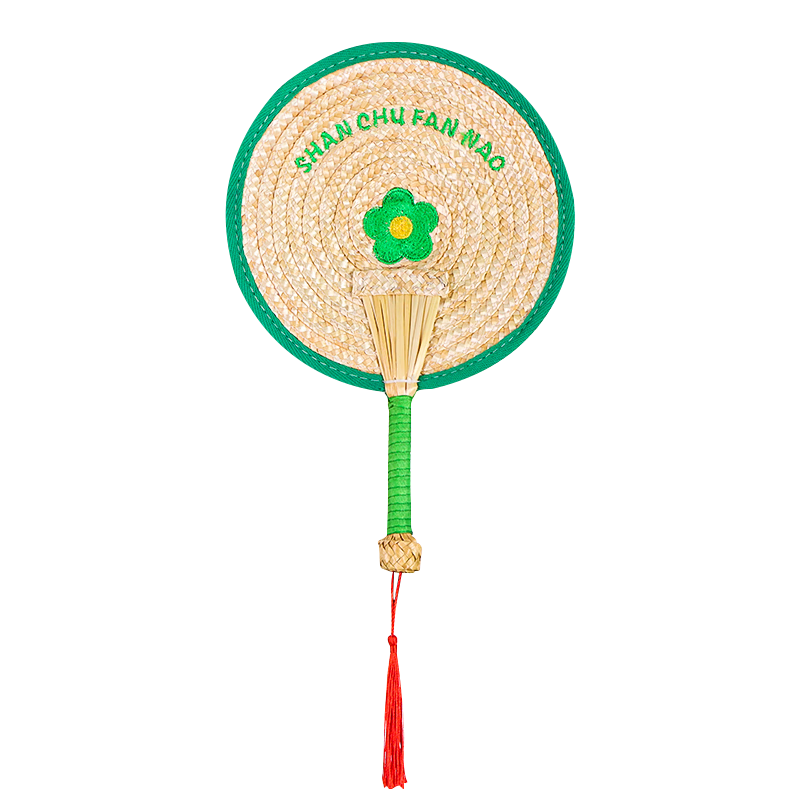 TaTanice Handmade Round Straw Fan Embroidered Handheld Lightweight Small Straw Fan Sunflower Green