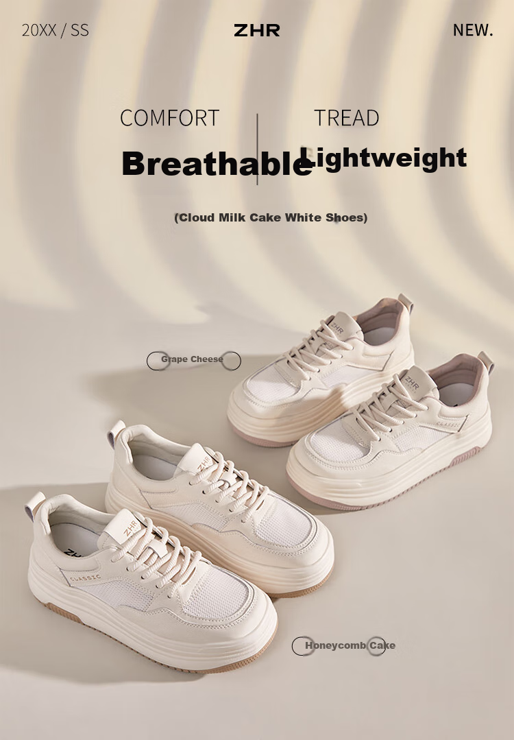 ZHR White Sneakers for Women, Summer Mesh Breathable Shoes, Thick-Soled Heightening Lightweight Skateboard Shoes for Women, AH516E, Beige, Size 37 1