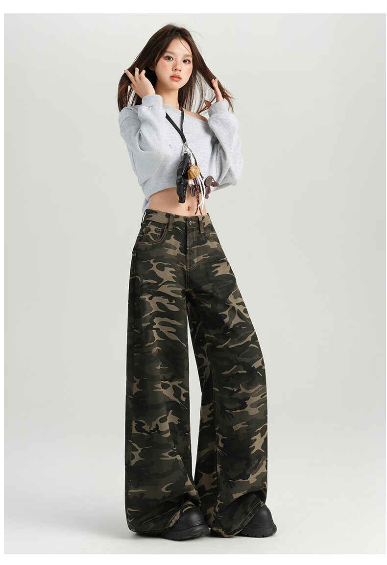 Jeanswest Women's Jeans, Spring And Summer American Camouflage, High-Waisted Slimming Straight-Leg Loose Wide-Leg Casual Pants, Gray Camouflage Long Trousers, XL 5