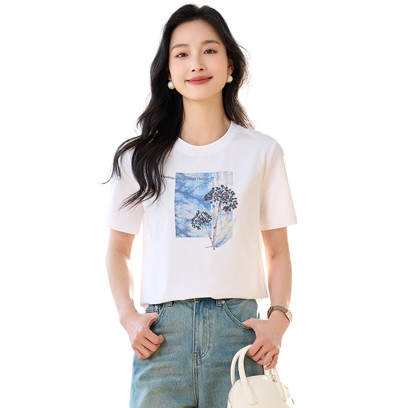 Chushen Summer Short-Sleeve T-Shirt for Women, Fashionable Round Neck, Heavy Embroidery with Sequins, Casual Top S52T029