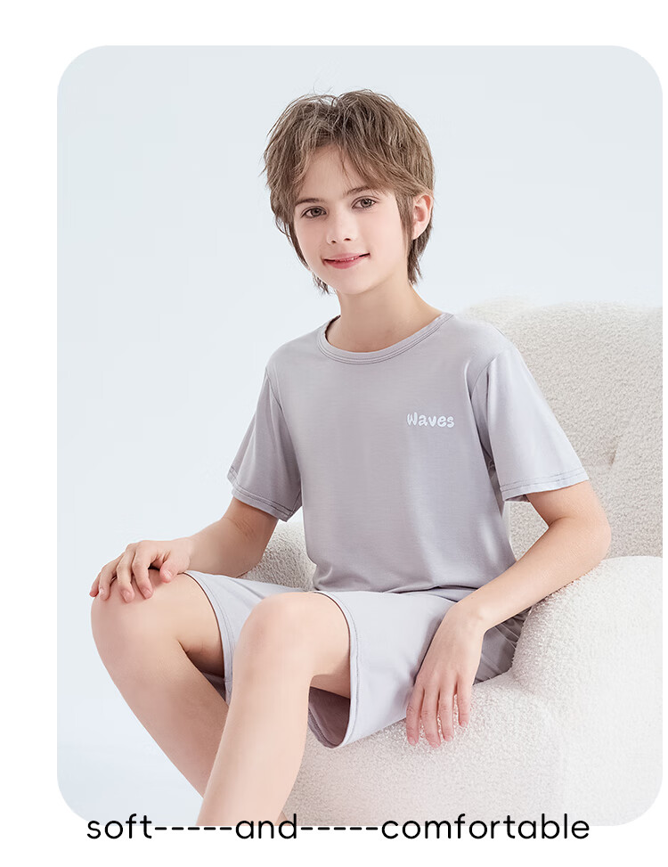 LangSha Children's Pajamas, Boys' New Summer Casual Short-Sleeve Shorts Thin Sleepwear Set, Loose Fit, Gray, Size 150 8